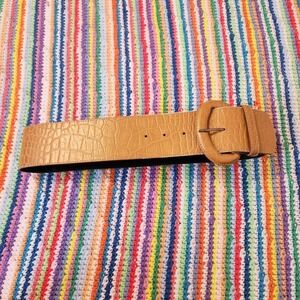 Vintage 1980s Omega Crocodile-Embossed Brown Leather Belt with Oversized Buckle